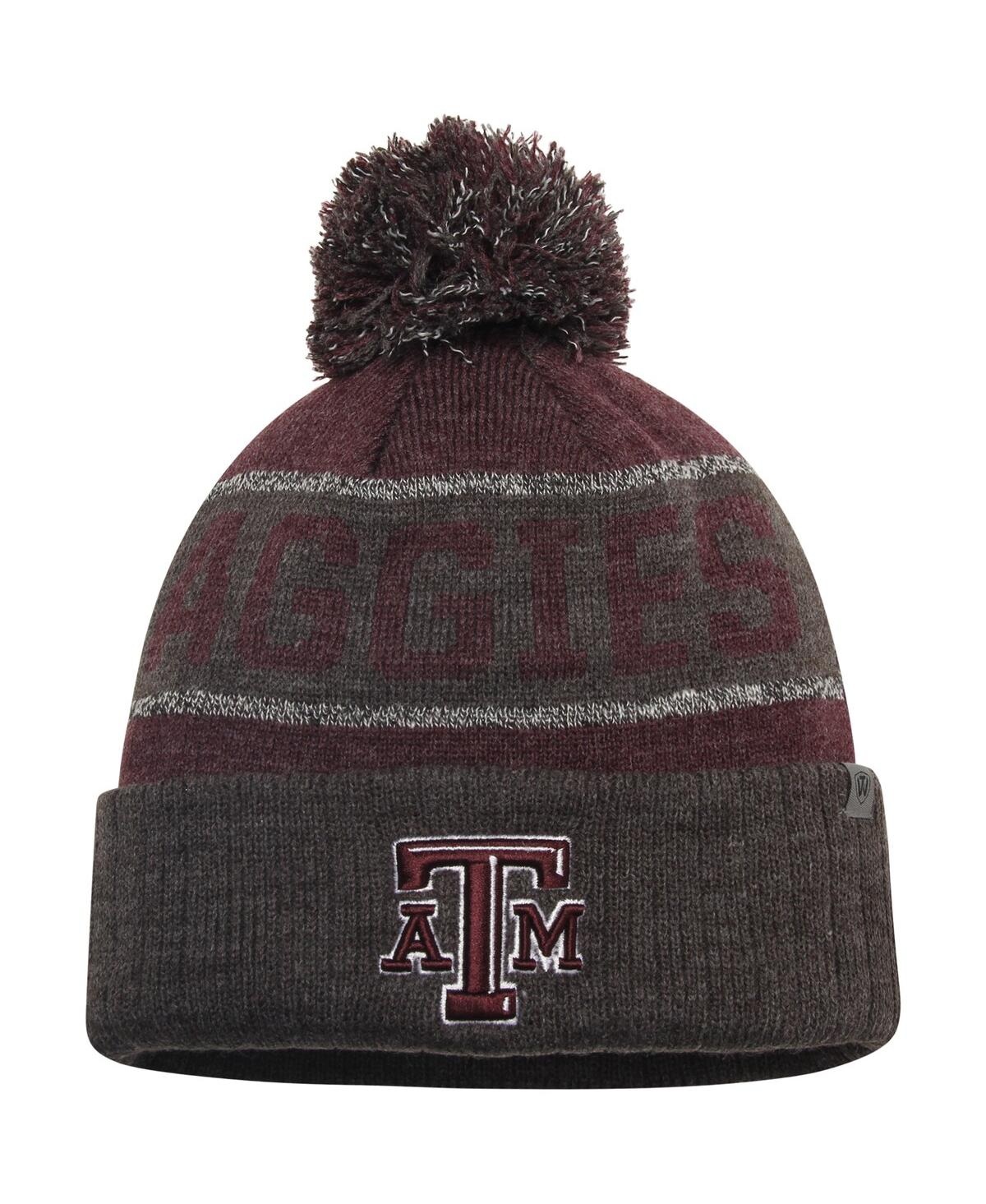 Top Of The World Men's Maroon And Heather Charcoal Texas A&m Aggies Below Zero Cuffed Pom Knit Hat In Maroon,heather Charcoal