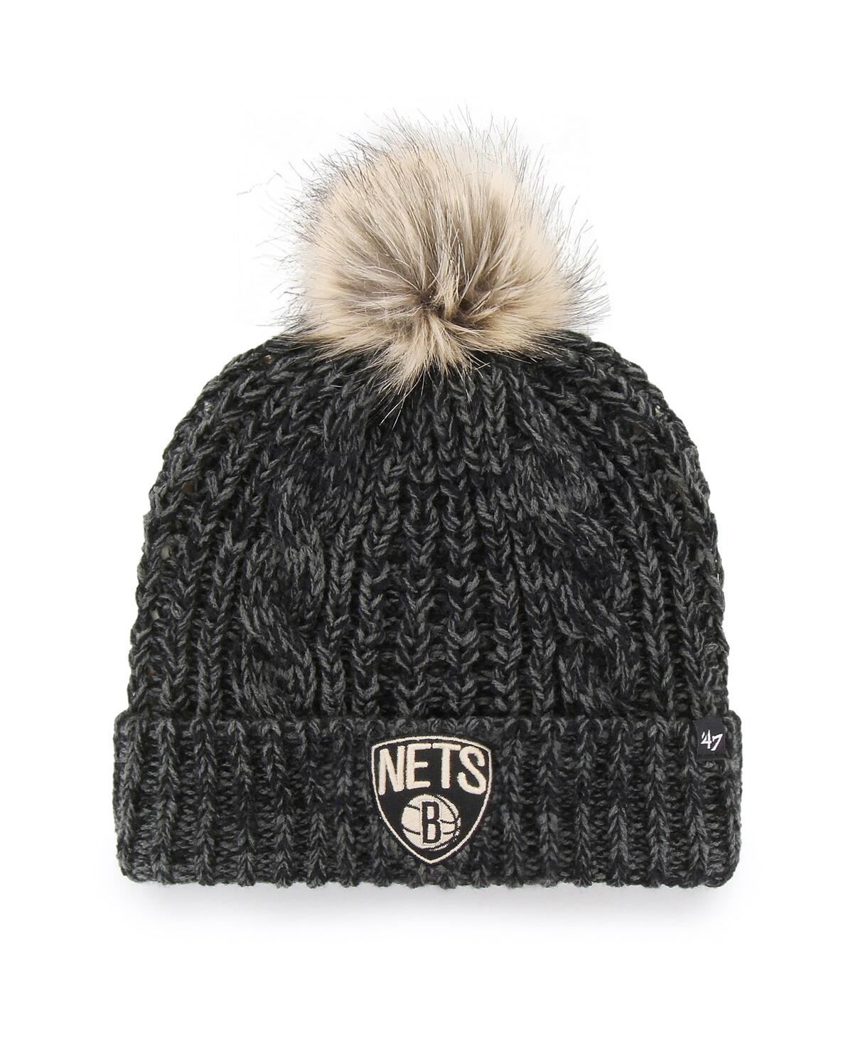 Women's Black Brooklyn Nets Meeko Cuffed Knit Hat with Pom - Black