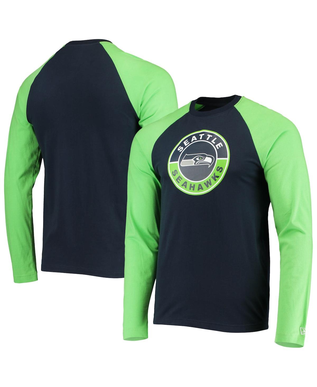 NEW ERA MEN'S COLLEGE NAVY, NEON GREEN SEATTLE SEAHAWKS LEAGUE RAGLAN LONG SLEEVE T-SHIRT 