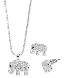 Cubic Zirconia Elephant Pendant Necklace & Stud Earrings Set in Fine Silver Plate