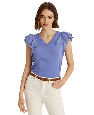 Lauren Ralph Lauren Stretch Ruffle-Sleeve T-Shirt - Macy's