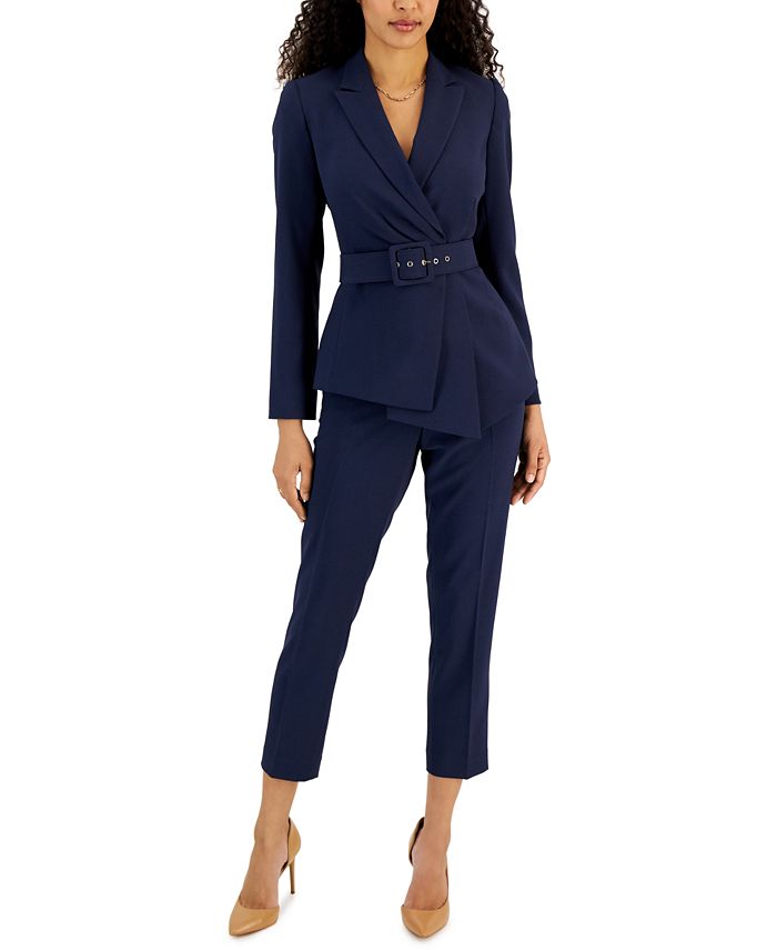 Woman 3 Piece Pantsuit: Top, Blazer, Pants, Size L(10-12),  Black/Blue/Sapphire 