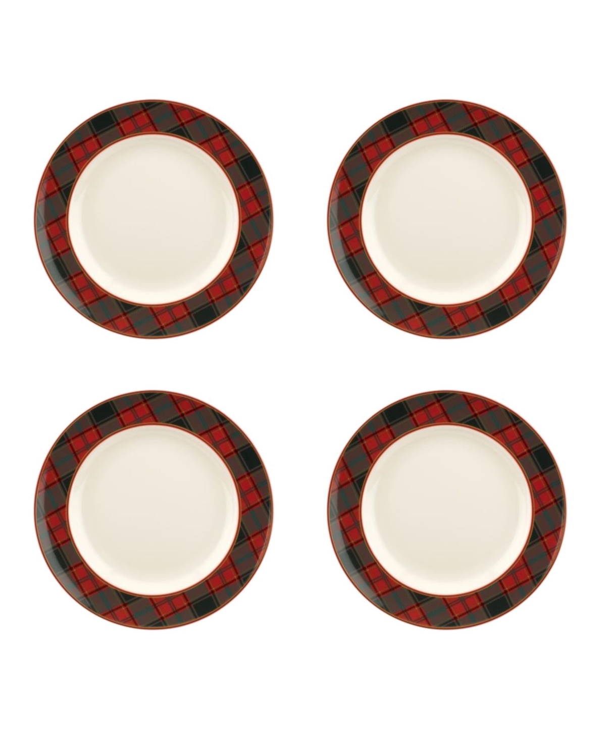 Spode Christmas Tree Tartan Dinner Plate, Set Of 4 In White Body With Multi Color Patterned De