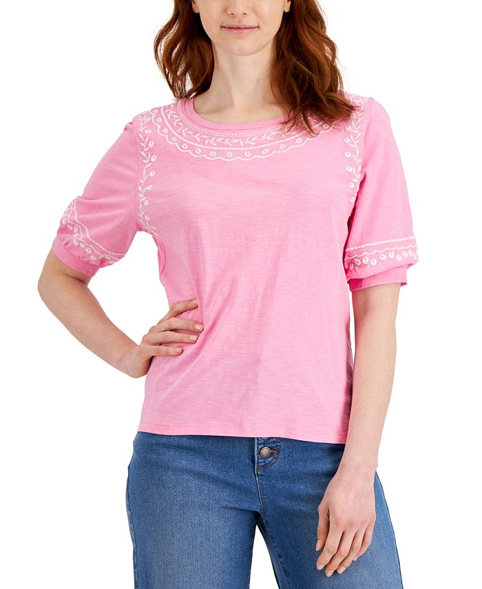 Charter Club Embroidered Elbow Sleeve Knit Top Created for Macy s