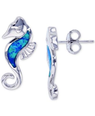 Macy's - Lab-Created Blue Opal Seahorse Stud Earrings (1/4 ct. t.w.) in Sterling Silver