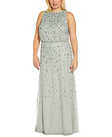 Plus Size Beaded Gathered-Waist Gown