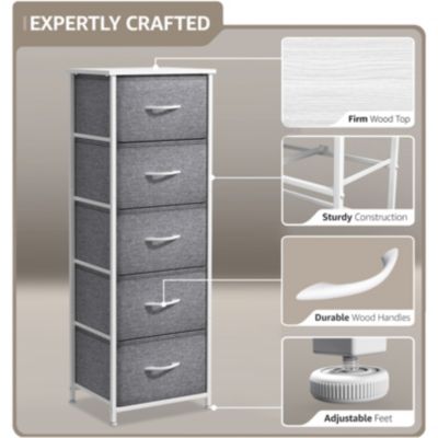Narrow 5 Drawers Nightstand with Steel Frame, Wood Top, Easy Pull Fabric Bins
