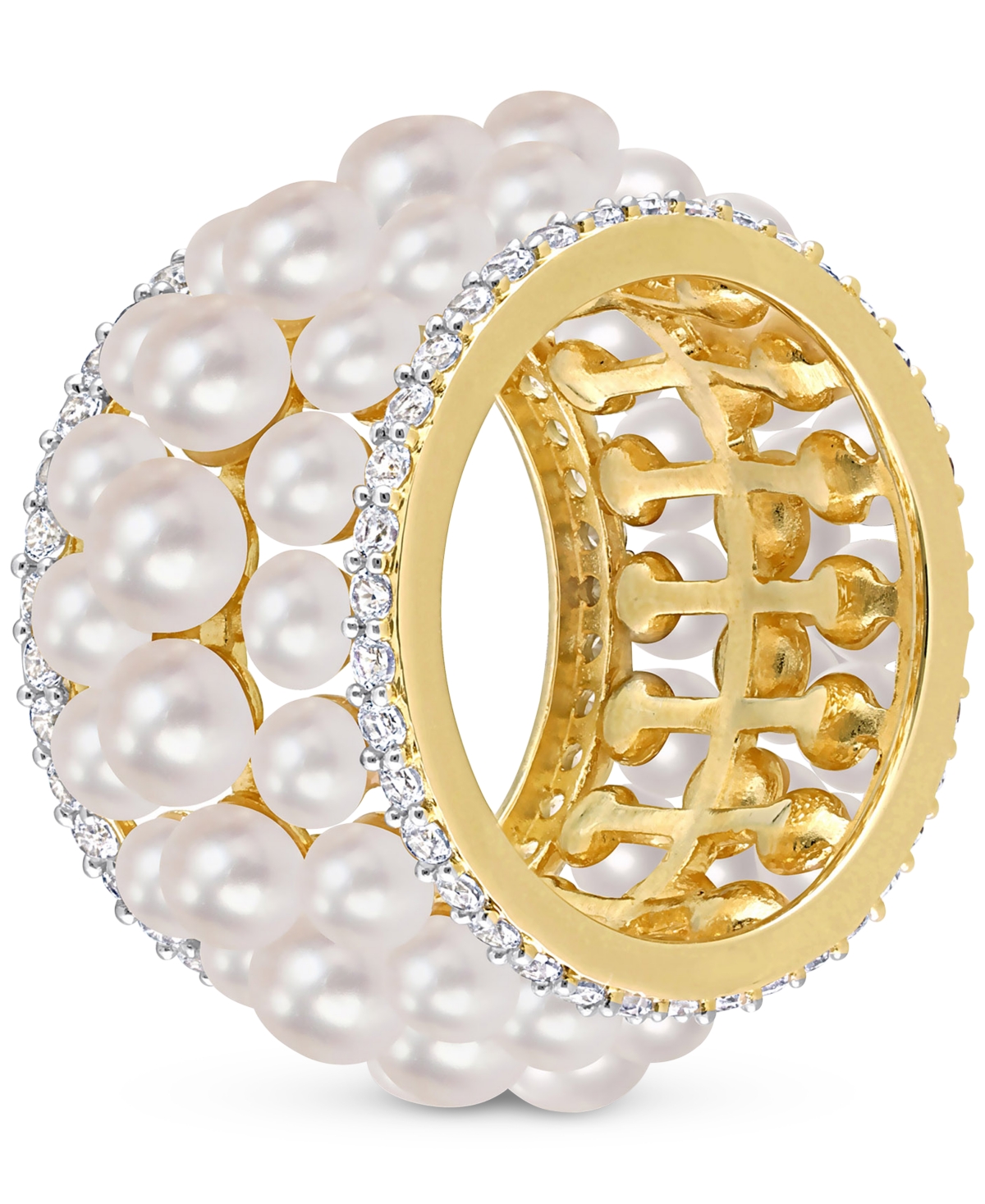Cultured Freshwater Pearl (3 - 4-1/2mm) & Lab-Created White Sapphire (1-3/5 ct. t.w.) Multirow Statement Ring in Yellow Rhodium-Plated Sterling Silver