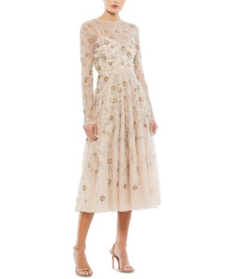 MAC DUGGALビーズ イリュージョン A ライン ミディ ドレス Mac Duggal Women's Beaded Illusion High Neck Long Sleeve A