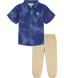 Toddler Boys Denim Button-front Shirt and Twill Joggers, 2 Piece Set