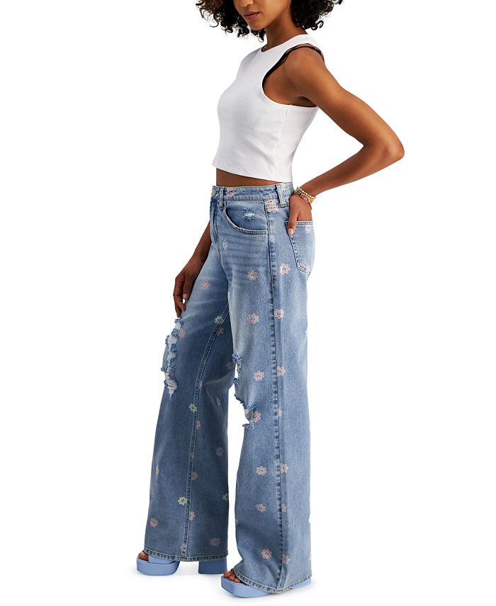 Tinseltown Juniors' Printed Ripped Wide-Leg Jeans - Macy's