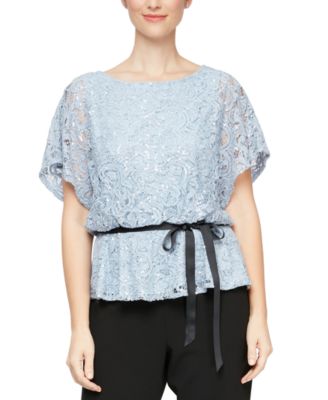 Alex Evenings - Sequined Lace Flutter-Sleeve Blouse