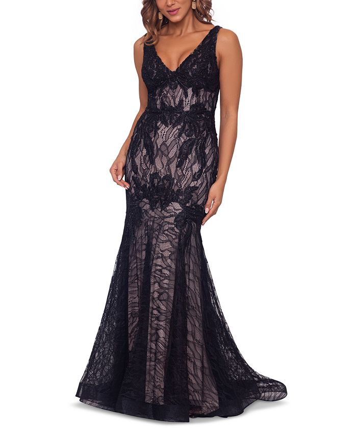 Betsy Adam V Neck Lace Appliqu s Mermaid Gown Macy s