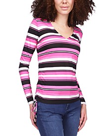 Striped Ruched-Sleeve Top