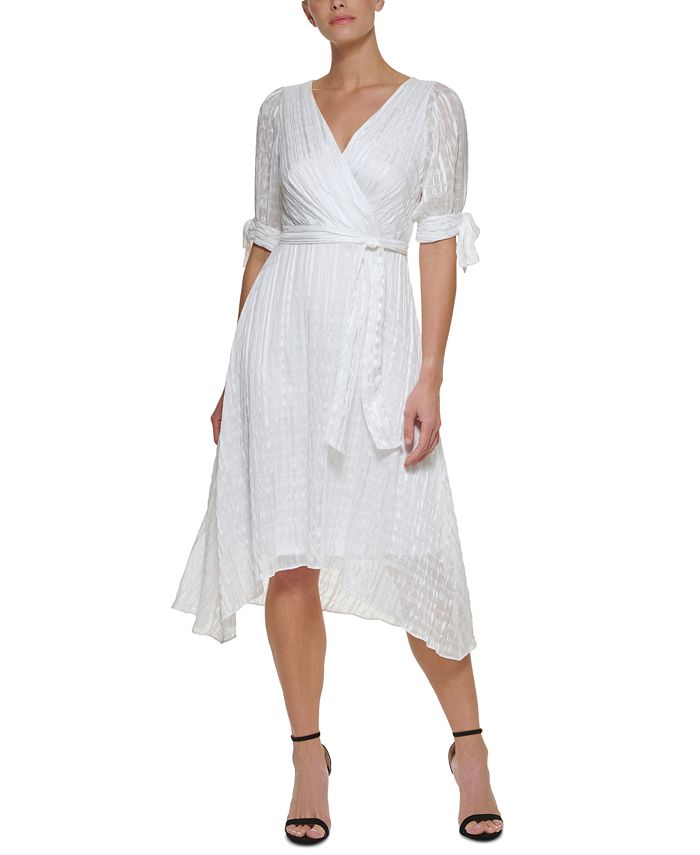 dkny tie sleeve faux wrap dress