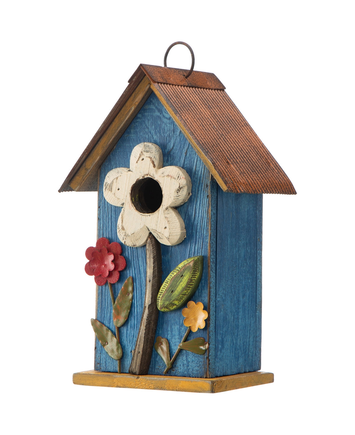 Glitzhome 10.25" Retro Birdhouse With 3d Flowers In Blue