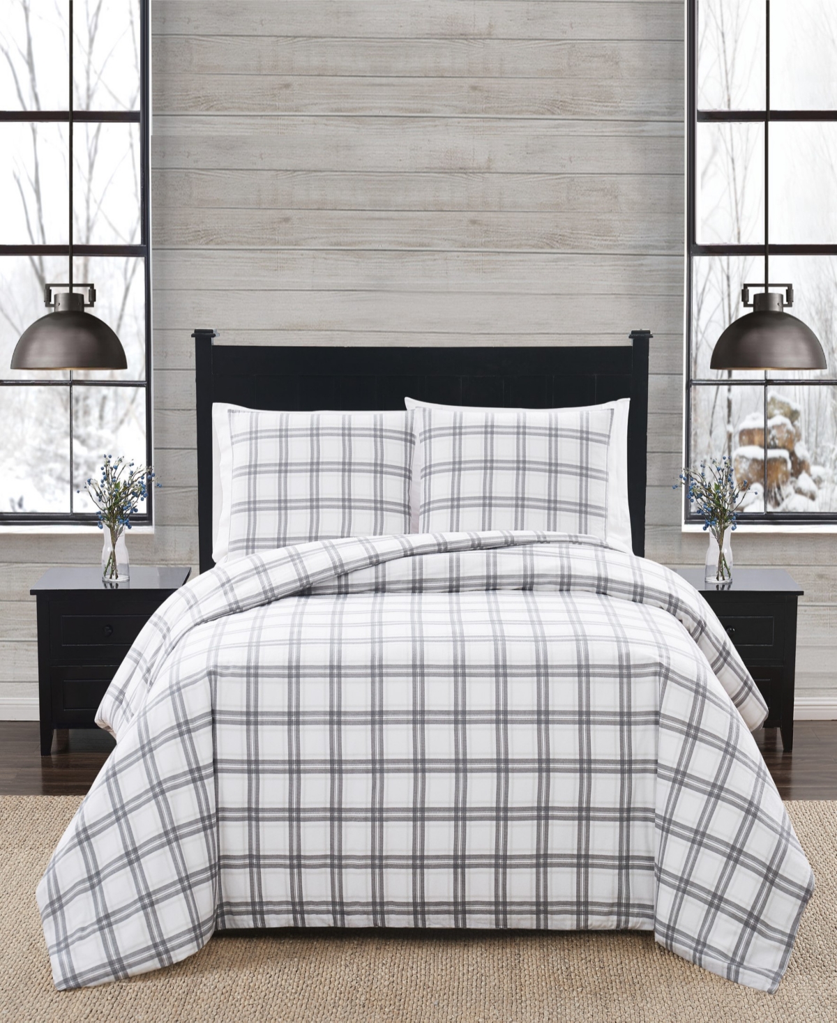 London Fog Plaid 3 Piece Flannel Duvet Cover Set, King In White,gray