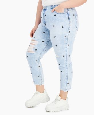 Ripped Embroidered Mom Jeans 
