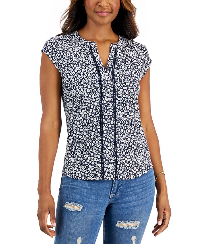 Tommy Hilfiger Women's Ditsy Floral Ladder-Stitched Top - Macy's