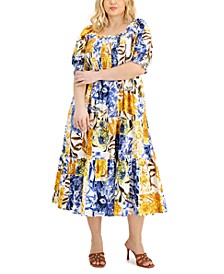 Plus Size Printed Smocked Puff-Sleeve A-Line Dress, Created for Macy's