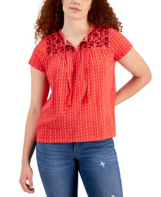 売れ筋商品|||スタイルアンドコー カットソー トップス レディース Women's Floral-Embroidered Tasseled-Tie Top, Exclusively at Macy's Industrial Style & Co Women's Printed Embroidered Tassel-Tie Top