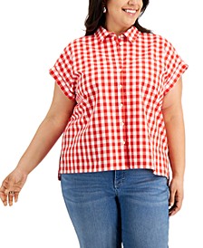 Plus Size Gingham Cotton Camp Shirt, Created for Macy's