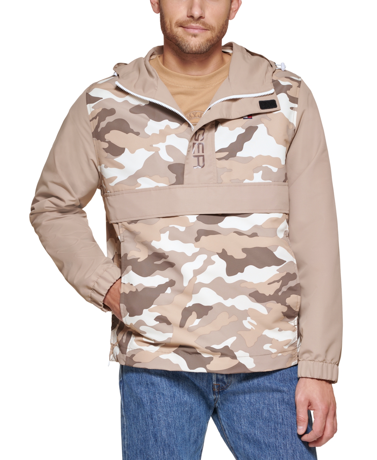 Tommy Hilfiger Men s Colorblocked Hooded Popover Jacket In Khaki Camo khaki ModeSens