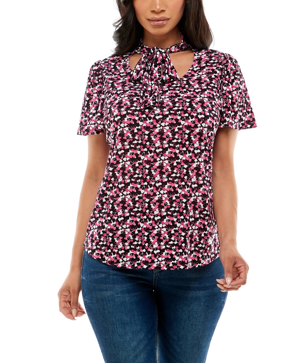 Women's Flutter Sleeve Top with Bow Tie at Neck