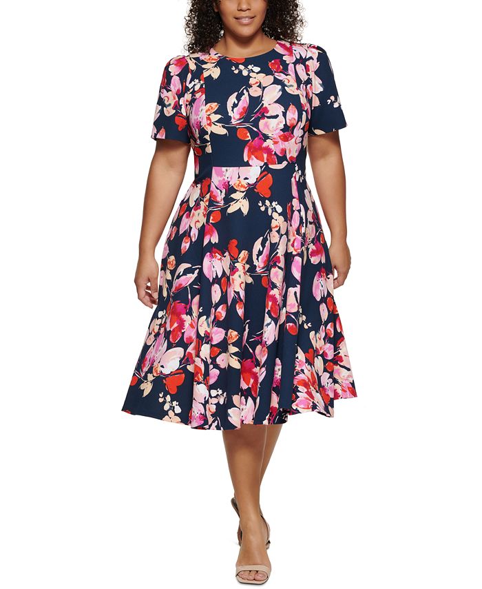 Calvin Klein Plus Size Printed Scuba Crepe Short-Sleeve Dress u0026 Reviews -  Dresses - Plus Sizes - Macy's calvin klein dresses plus size