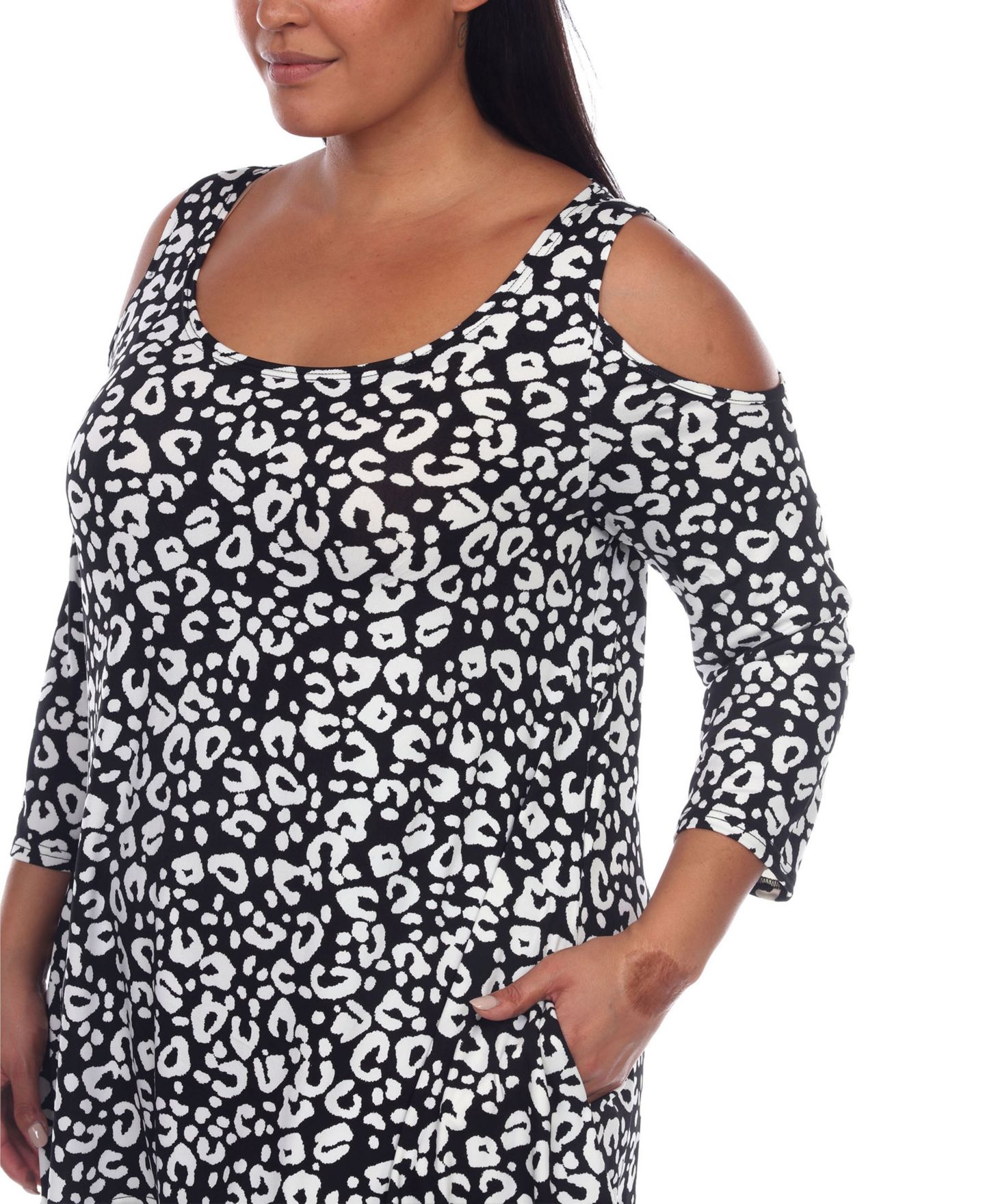 Женский топ White Mark Plus Size Leopard Cold Shoulder Tunic Top, цвет: Чёрный леопардовый — фото 4
