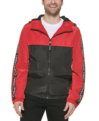 Calvin Klein Men\'s Logo Taped Sleeves Hooded Windbreaker Jacket - Macy\'s
