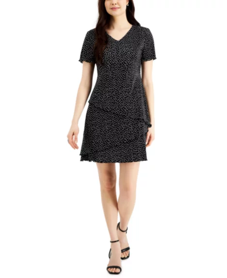 Petite Dot-Print Fit & Flare Dress  - Black