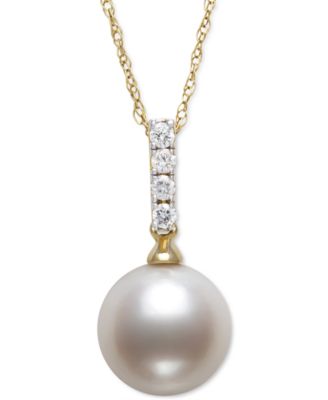 Belle de Mer - Cultured Freshwater Pearl (8mm) & Diamond (1/20 ct. t.w.) 18" Pendant Necklace in 14k Gold