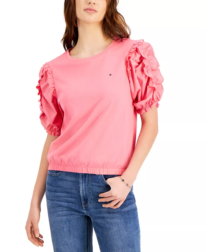 Tommy Hilfiger Puffed Ruffle Sleeve Top on Sale At Macy's