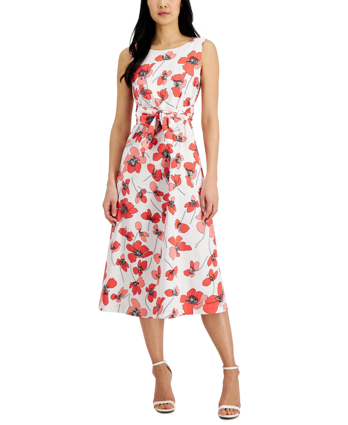Anne Klein Petite Floralprint Midi Dress In Bright White/ Red Pear