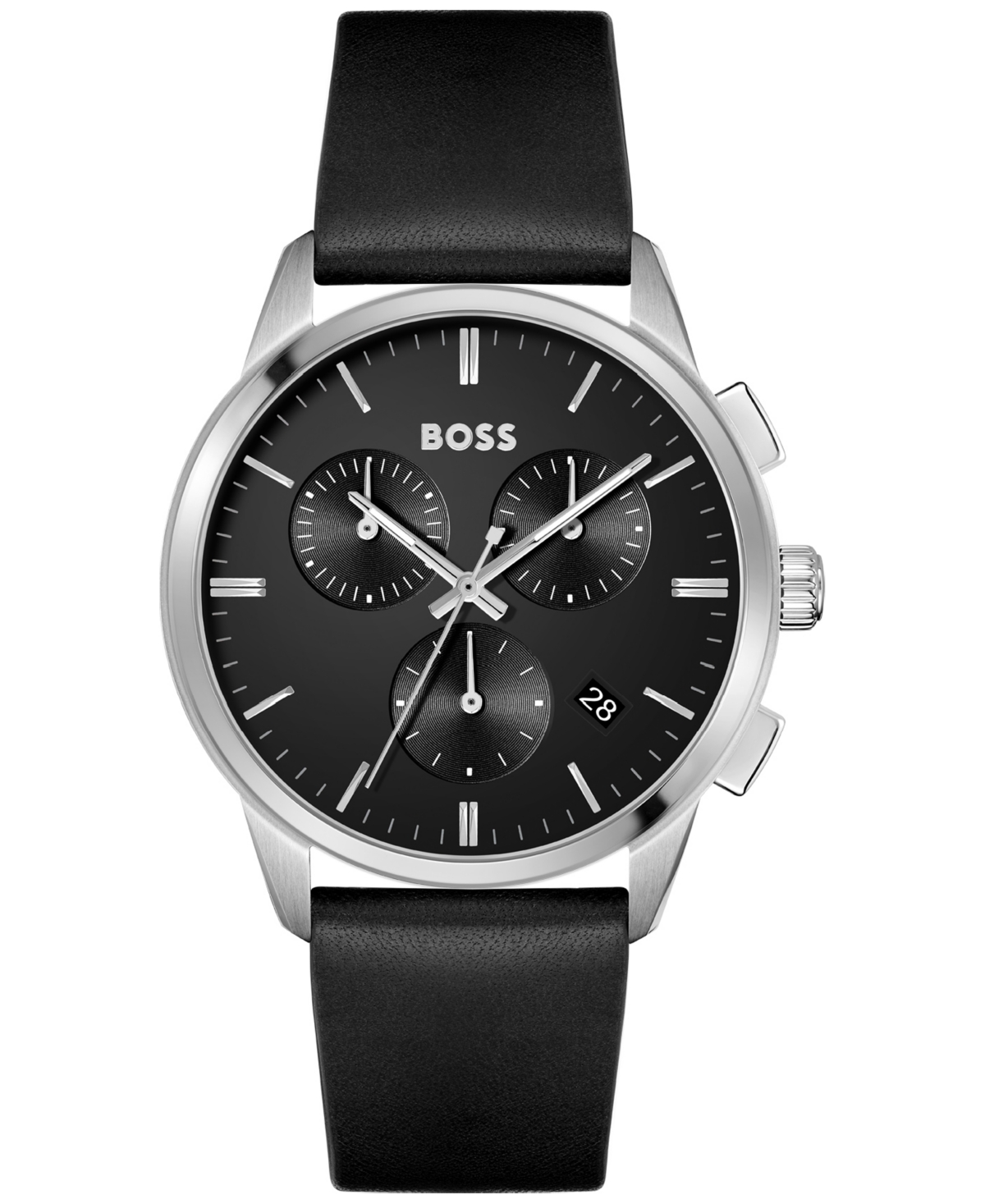 Men's Dapper Chronograph Black Leather Strap Watch 43mm - Silver