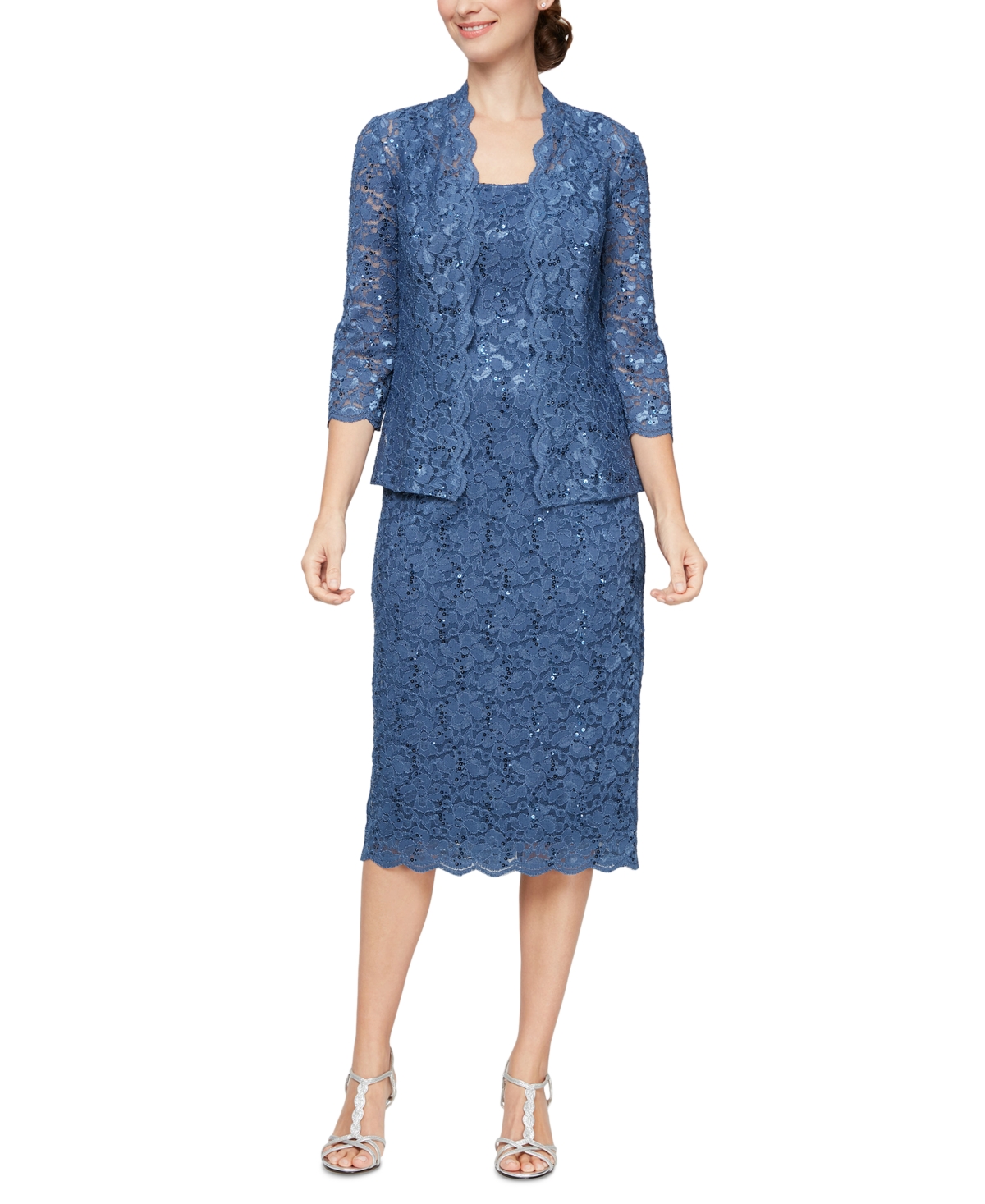 Sl Fashions 2-pc. Lace Jacket & Midi Dress Set In Wedgewood | ModeSens