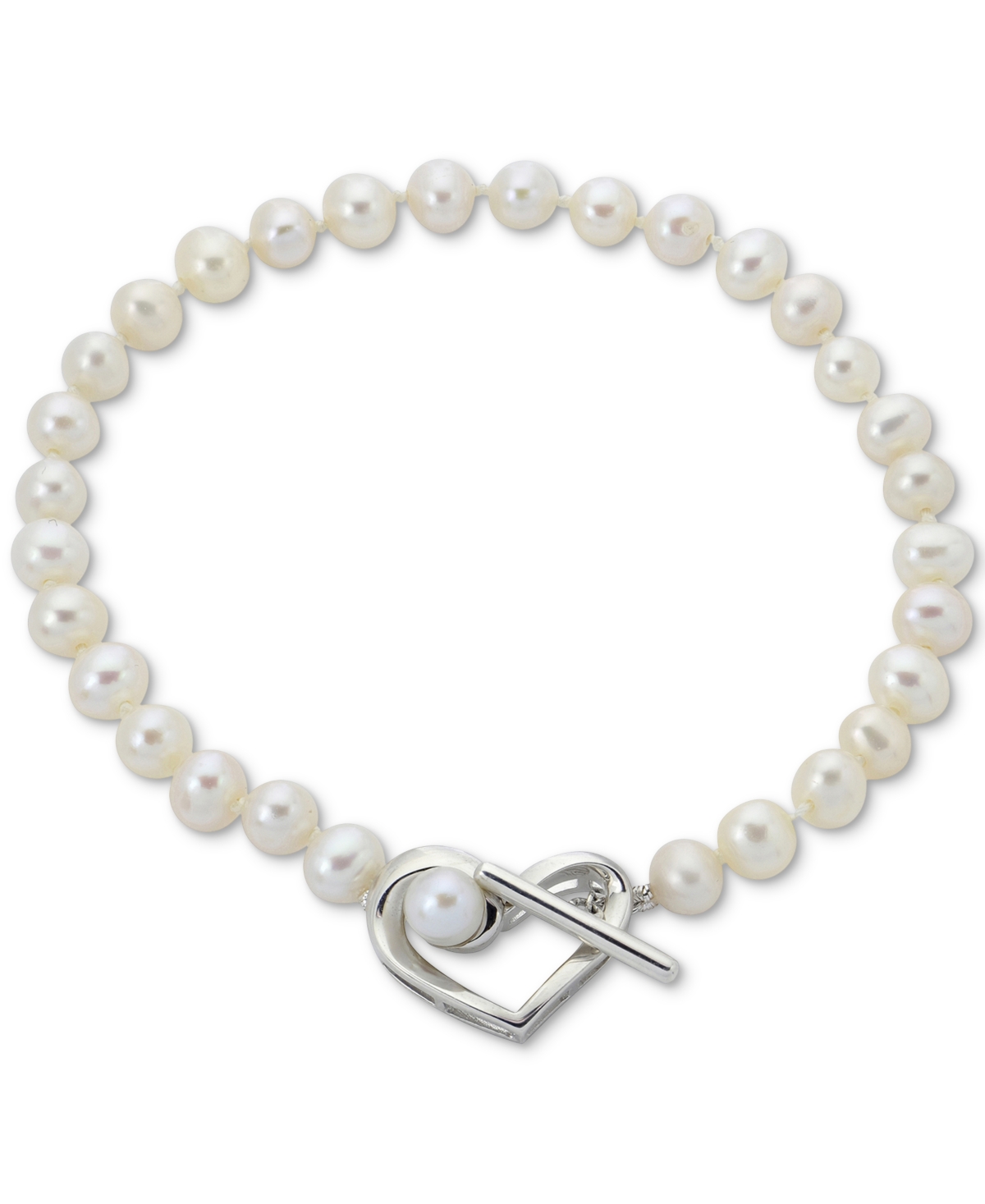 Macy's Cultured Freshwater Pearl (5-6mm) Heart Toggle Bracelet In Sterling Silver