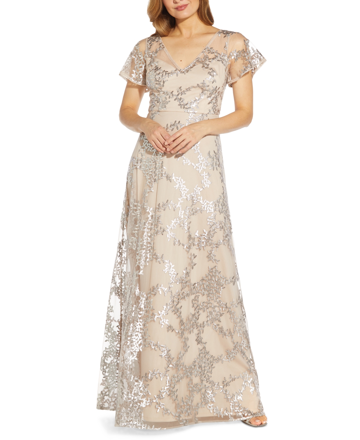 Adrianna Papell Metallic Embroidered Gown