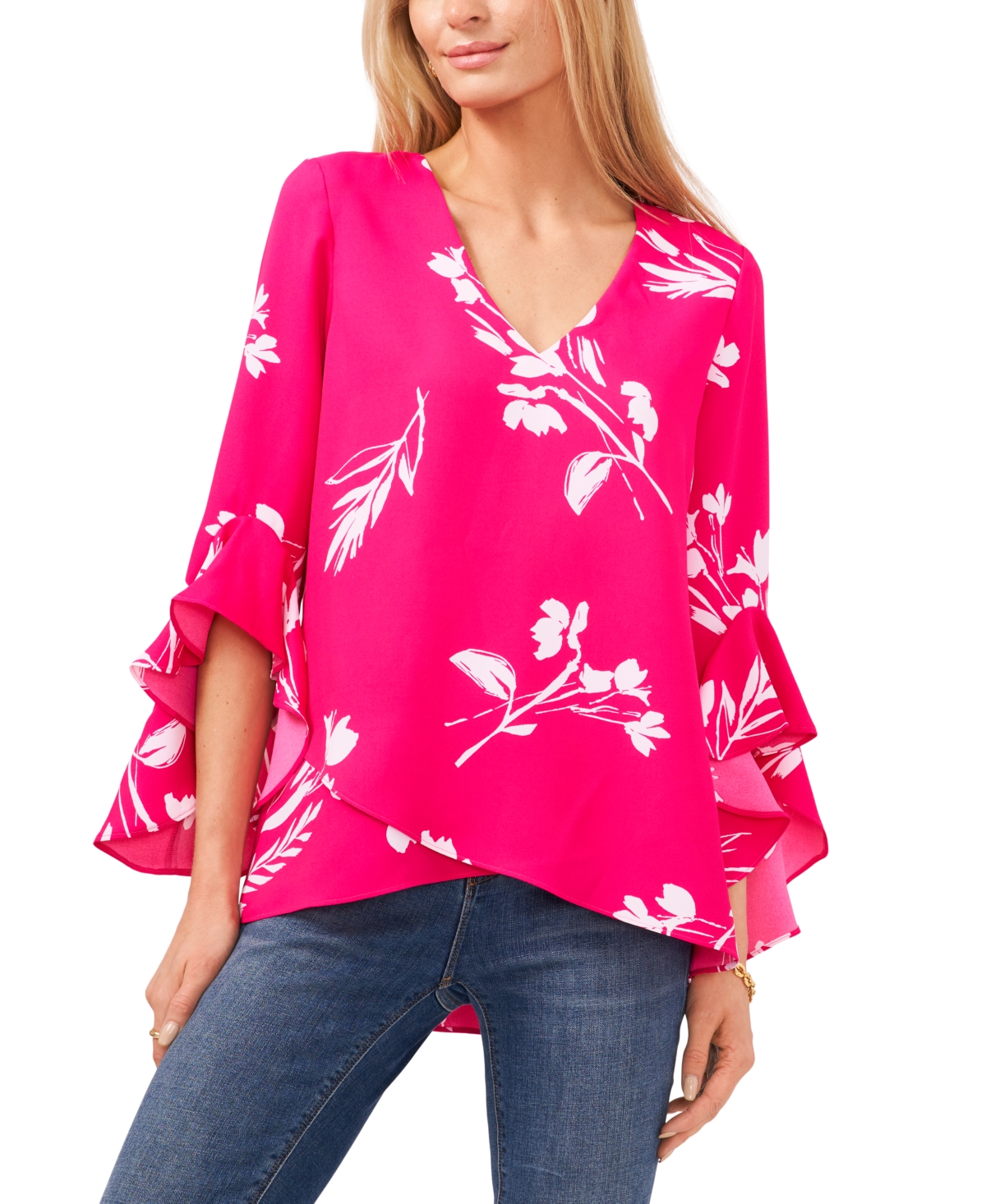 Vince Camuto Floral Whisper Printed Flutter-sleeve Blouse In Hot Pink ...