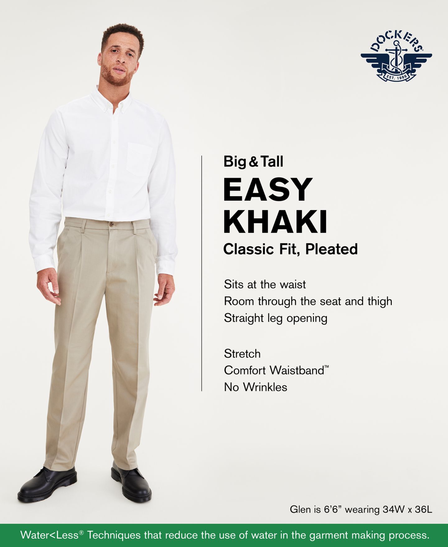 Мужские брюки Dockers Big & Tall Easy Classic Pleated Fit Khaki Stretch, цвет: Чёрный — фото 4