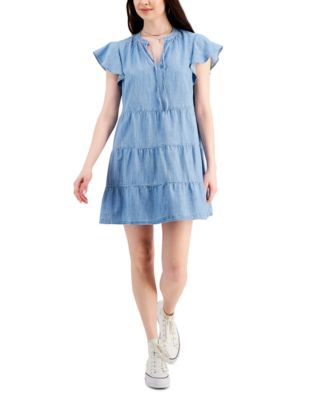 Cotton Chambray Tiered Dress 