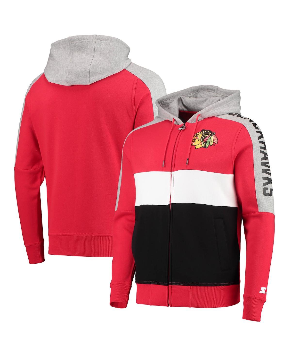 Men's Starter Red, Black Chicago Blackhawks Playoffs Color Block Full-Zip Hoodie - Red, Black