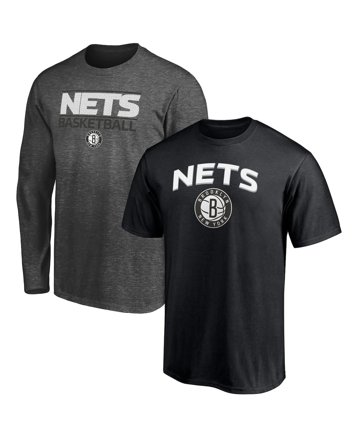 Shop Fanatics Men's  Black, Heather Charcoal Brooklyn Nets T-shirt Combo Set In Black,heathered Charcoal