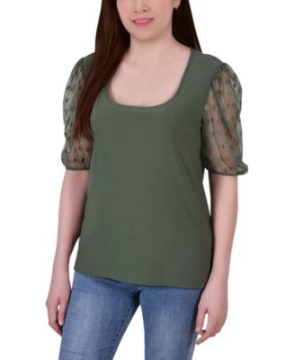 売れ筋商品|||ニューヨークコレクション カットソー トップス レディース Plus Size Elbow Sleeve Crepe Top with Mesh Dotted Sleeves Burgundy Plus Size Elbow Sleeve Crepe Top With Mesh Dotted Sleeves