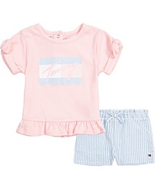 Baby Girls Tie-Sleeves Logo Top and Seersucker Stripe Shorts, 2 Piece Set