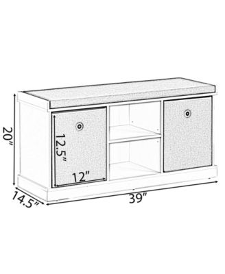 MDF Storage Box Shoe Bench with 2 Shelves, Foldable Baskets and a Gray Cushion, White