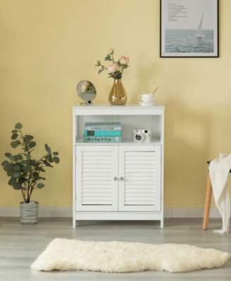 Wooden White Modern Storage Bathroom Vanity Cabinet with Adjustable Shelves and Two Horizontal Planks Design Doors