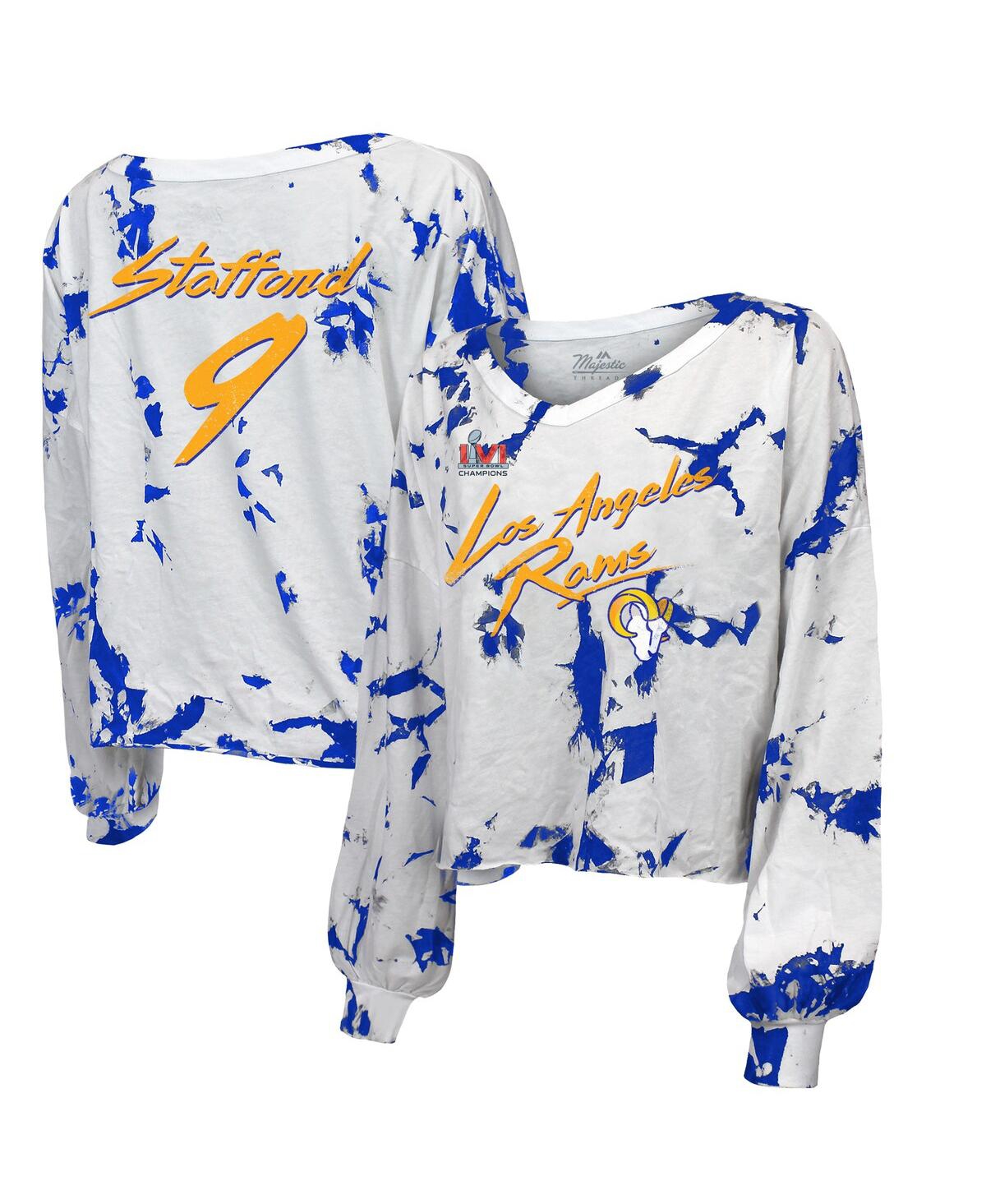 Women's Majestic Threads Matthew Stafford Royal, White Los Angeles Rams Super Bowl Lvi Champions Off-Shoulder Tie-Dye Name Number Long Sleeve V-Neck T