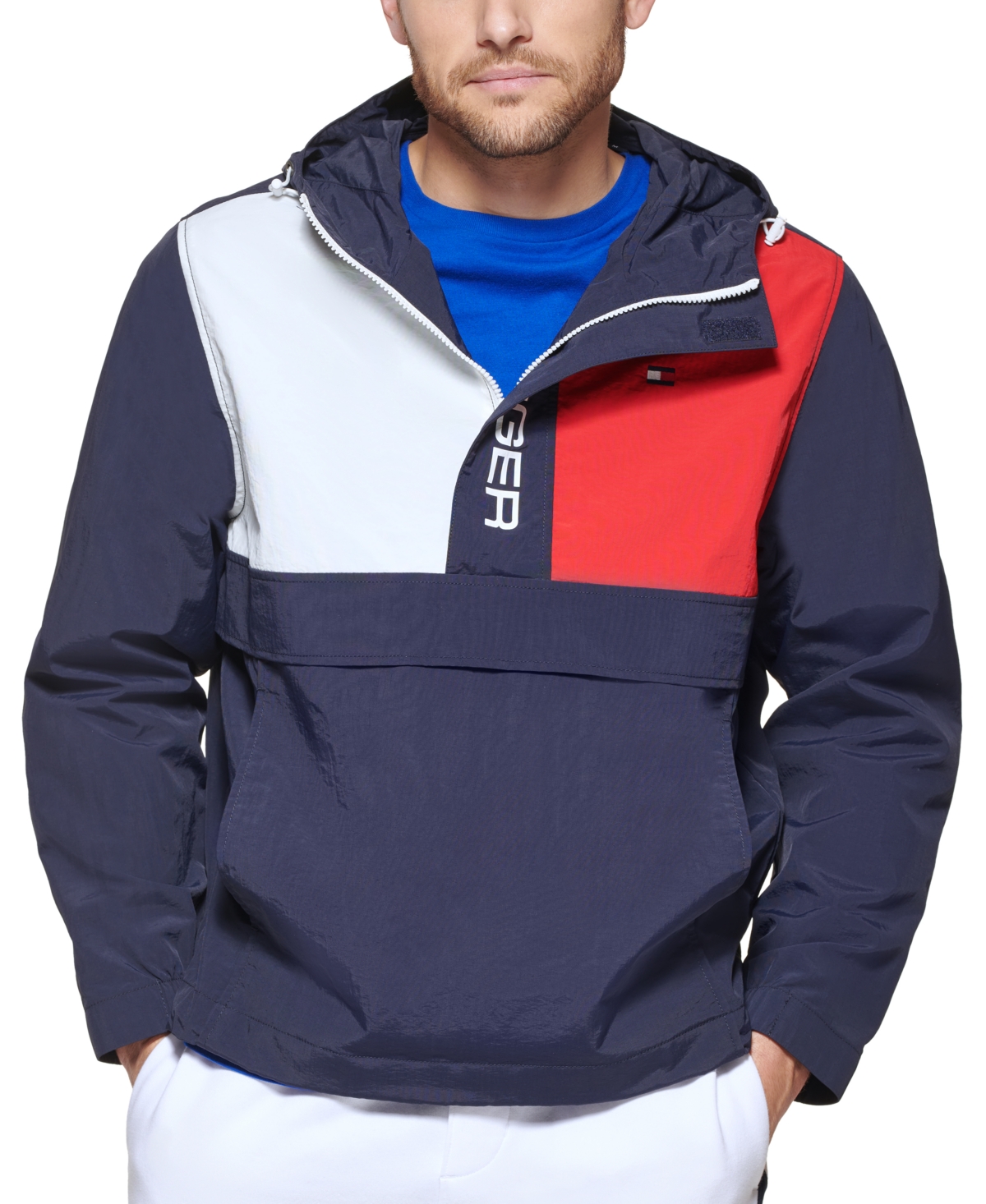 Tommy Hilfiger Men's Colorblocked Hooded Popover Jacket In Red/navy ...